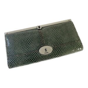 FOSSIL Green/Grey Leather Snakeskin Embossed Wallet Vintage Keyhole Frame Design